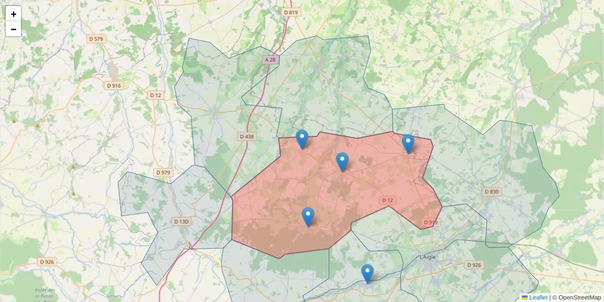 Carte de la zone du code postal  et des codes postaux voisins en France