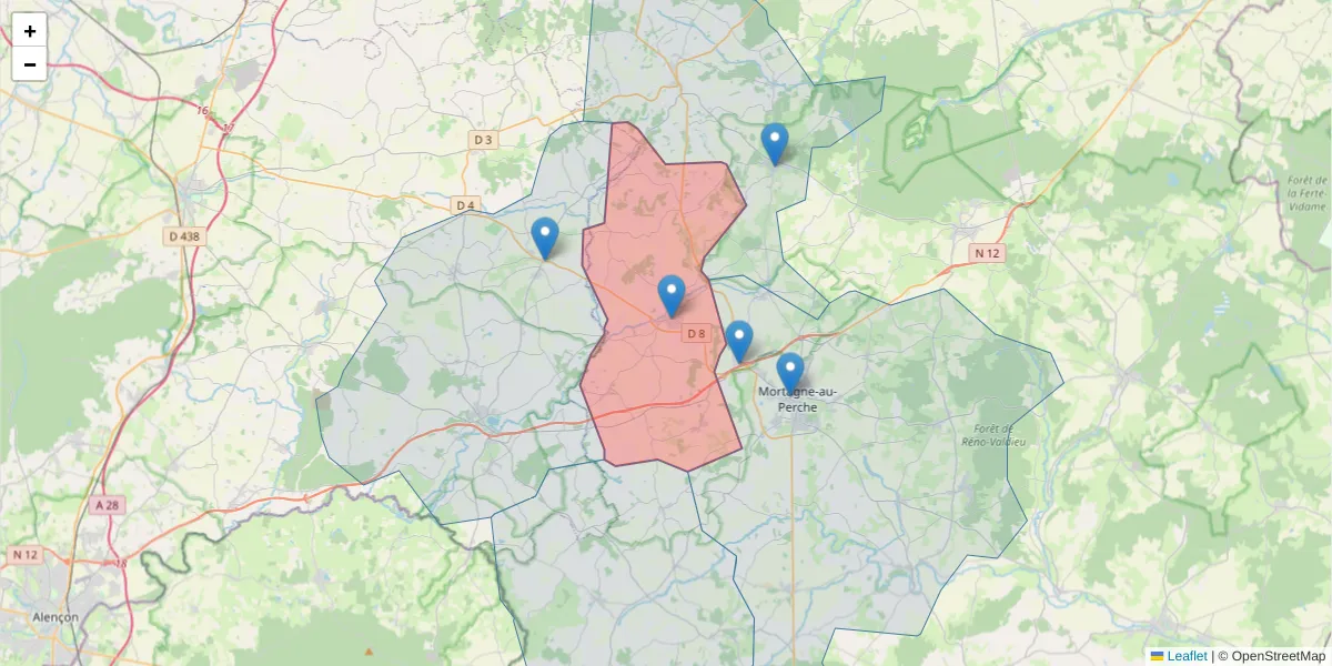 Carte de la zone du code postal  et des codes postaux voisins en France