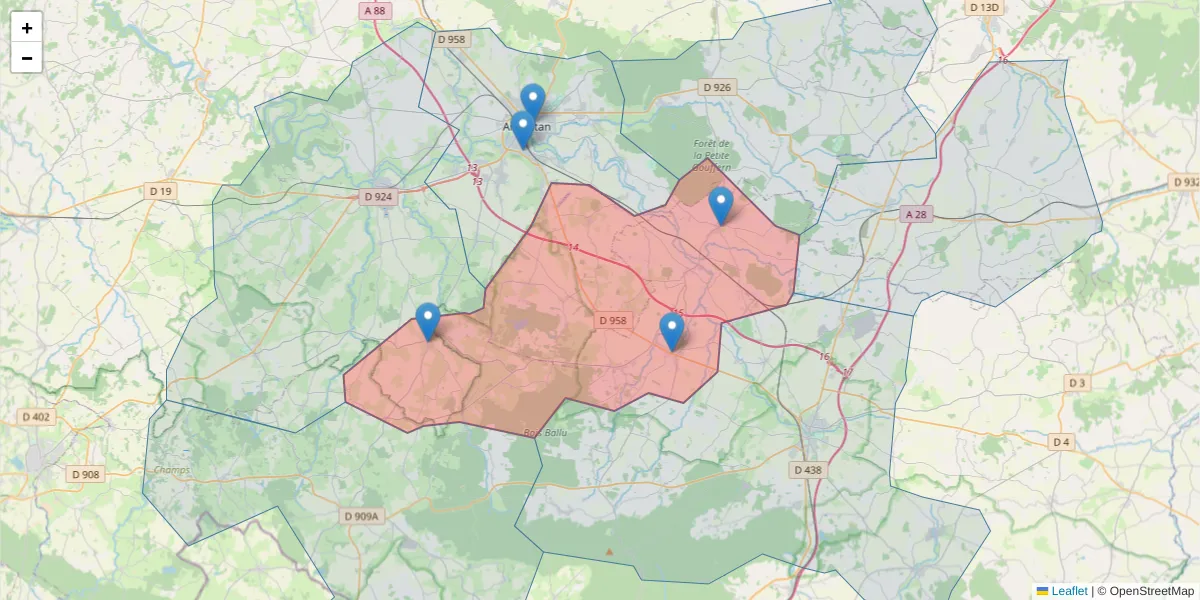 Carte de la zone du code postal  et des codes postaux voisins en France