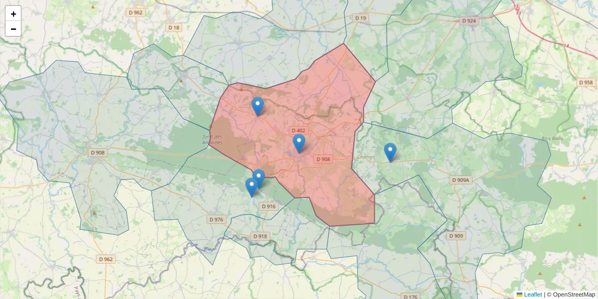 Carte de la zone du code postal  et des codes postaux voisins en France