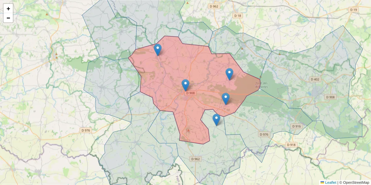 Carte de la zone du code postal  et des codes postaux voisins en France