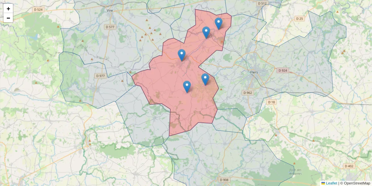 Carte de la zone du code postal  et des codes postaux voisins en France