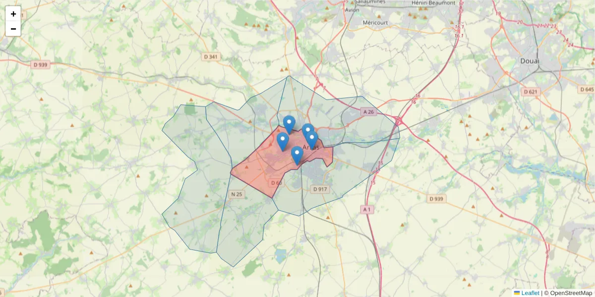 Carte de la zone du code postal  et des codes postaux voisins en France