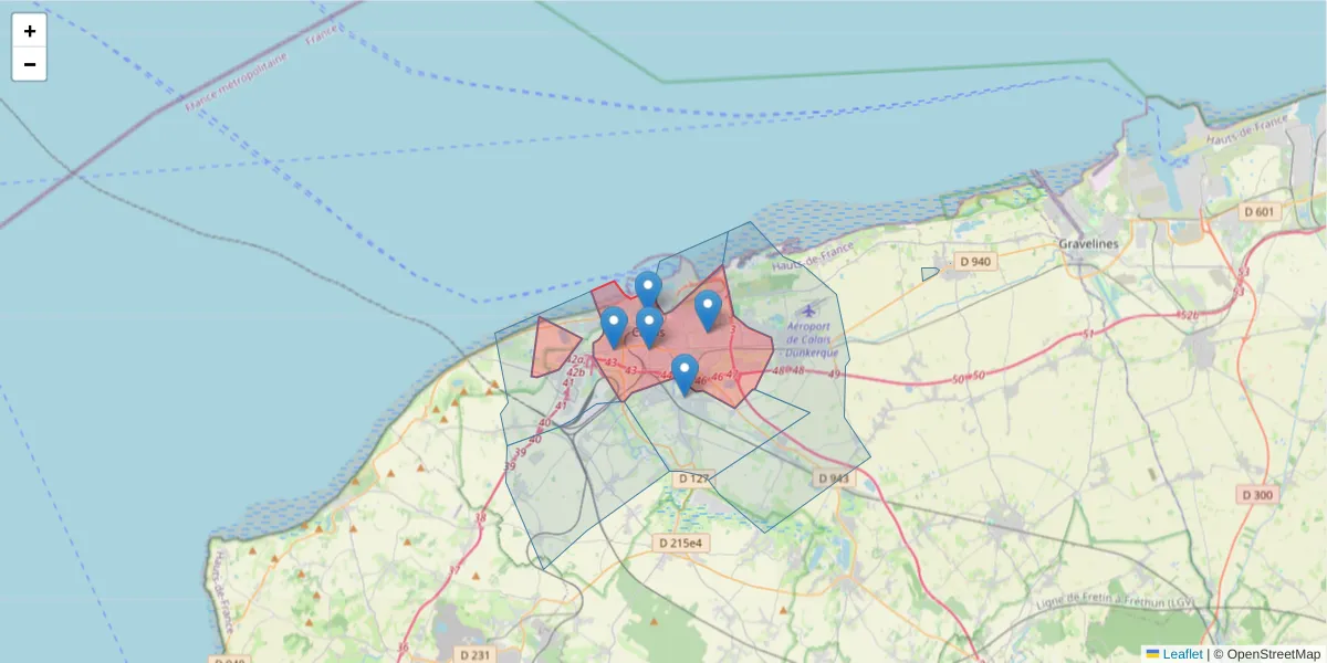 Carte de la zone du code postal  et des codes postaux voisins en France