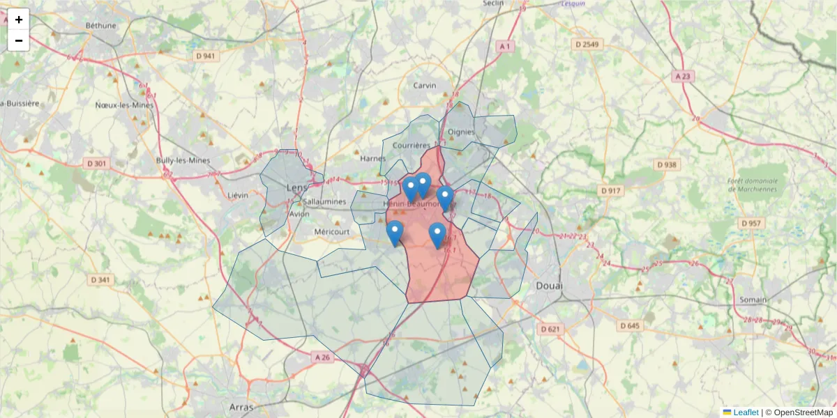 Carte de la zone du code postal  et des codes postaux voisins en France