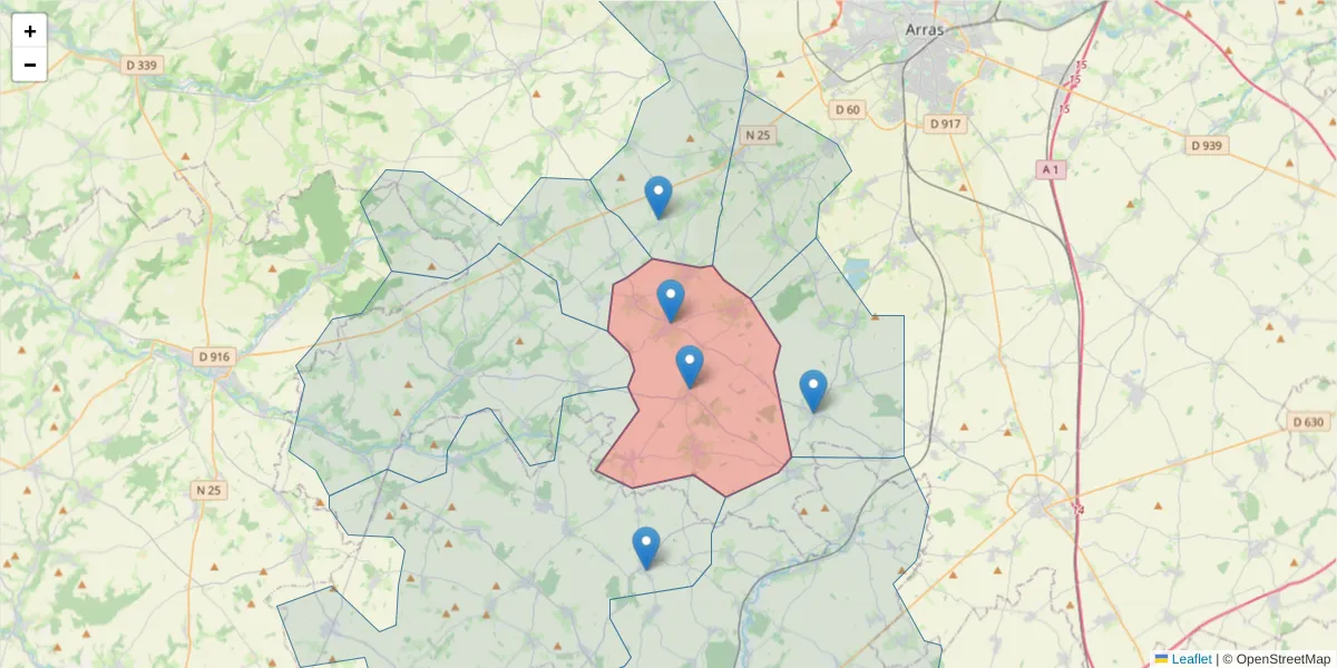 Carte de la zone du code postal  et des codes postaux voisins en France