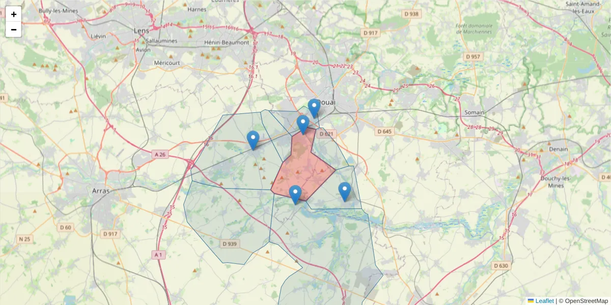 Carte de la zone du code postal  et des codes postaux voisins en France