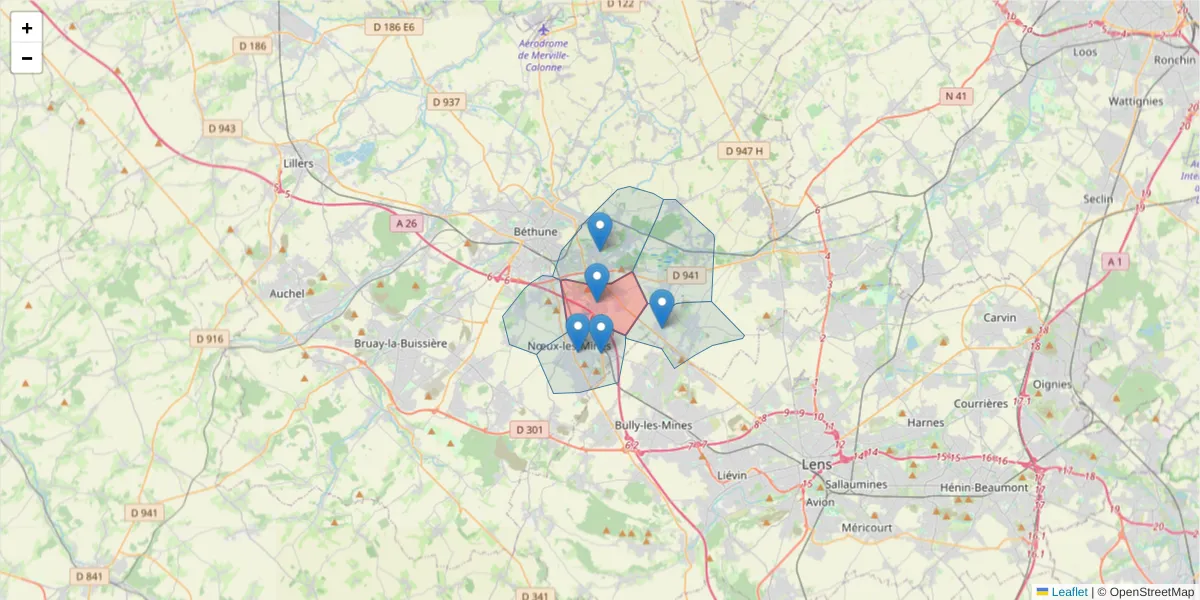 Carte de la zone du code postal  et des codes postaux voisins en France