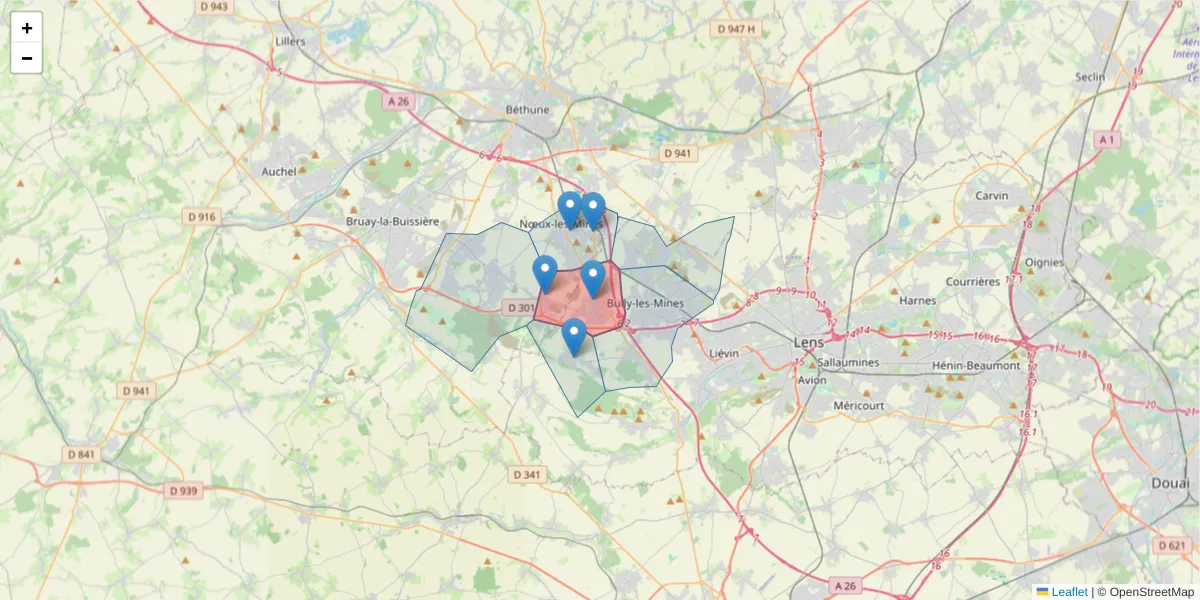 Carte de la zone du code postal  et des codes postaux voisins en France