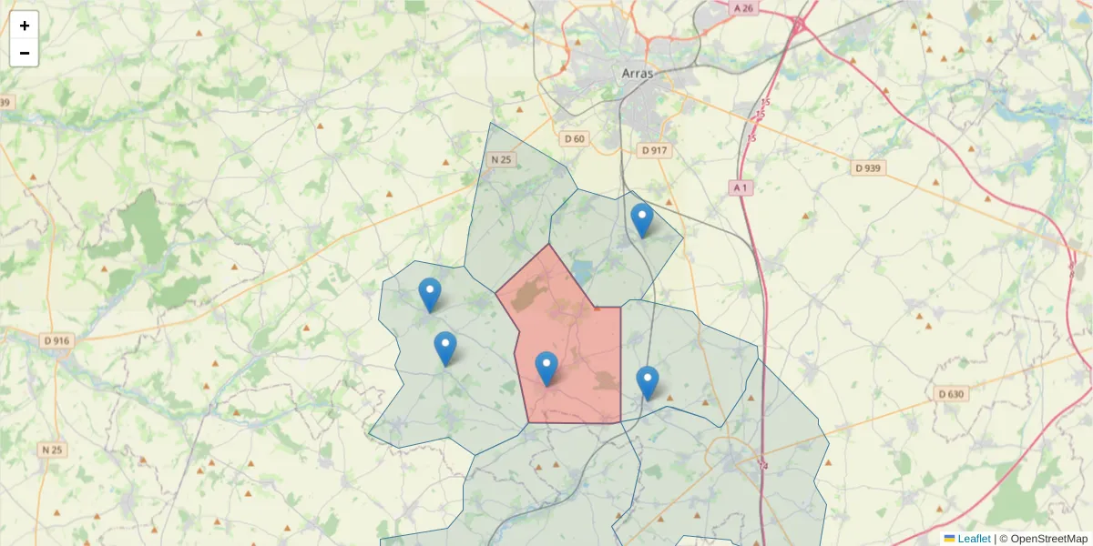 Carte de la zone du code postal  et des codes postaux voisins en France