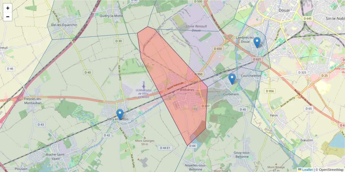 Carte de la zone du code postal  et des codes postaux voisins en France