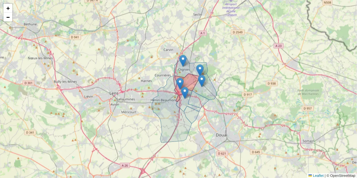 Carte de la zone du code postal  et des codes postaux voisins en France