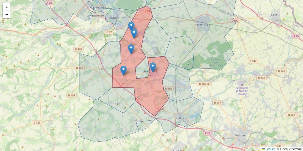 Carte de la zone du code postal  et des codes postaux voisins en France