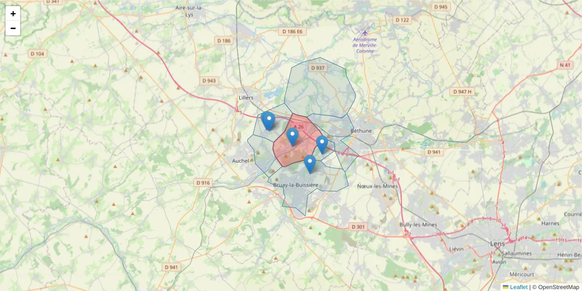 Carte de la zone du code postal  et des codes postaux voisins en France