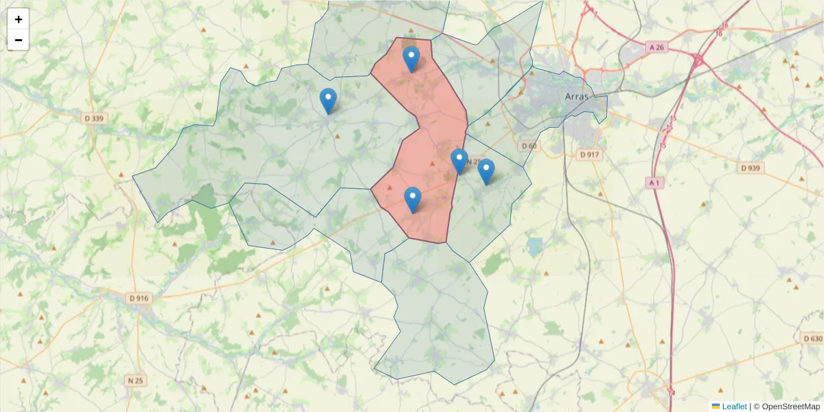 Carte de la zone du code postal  et des codes postaux voisins en France
