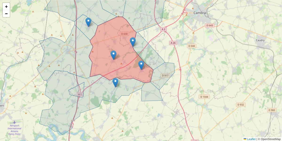 Carte de la zone du code postal  et des codes postaux voisins en France