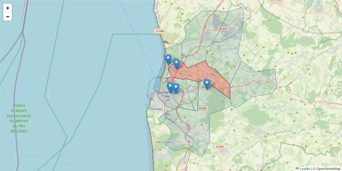 Carte de la zone du code postal  et des codes postaux voisins en France