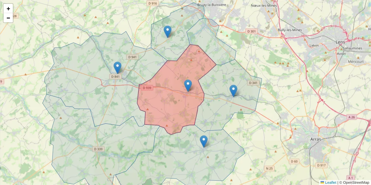 Carte de la zone du code postal  et des codes postaux voisins en France