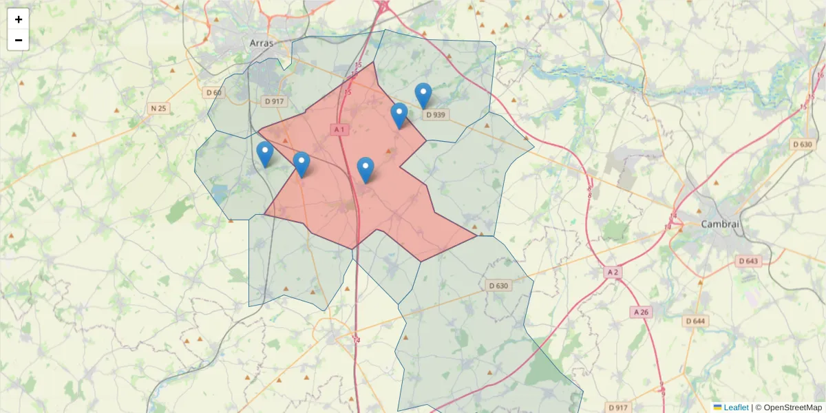 Carte de la zone du code postal  et des codes postaux voisins en France