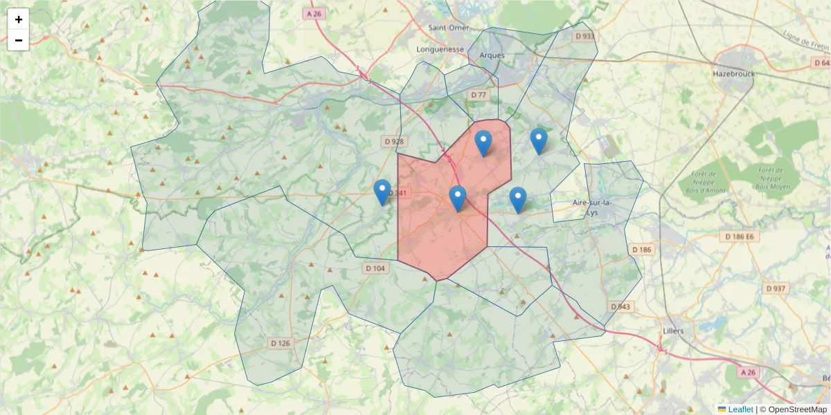 Carte de la zone du code postal  et des codes postaux voisins en France