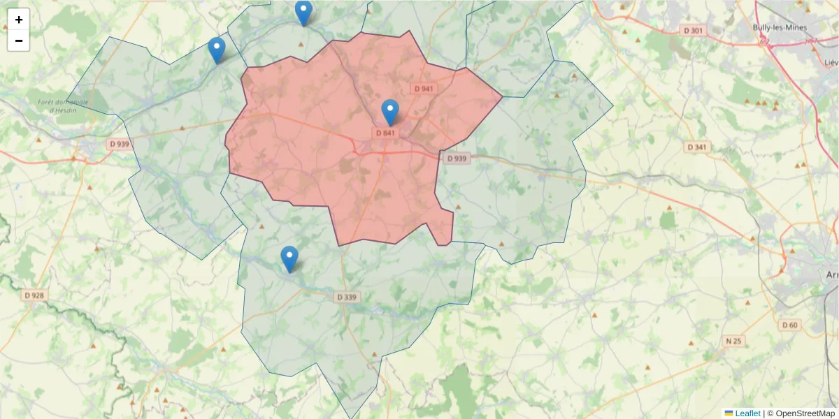 Carte de la zone du code postal  et des codes postaux voisins en France