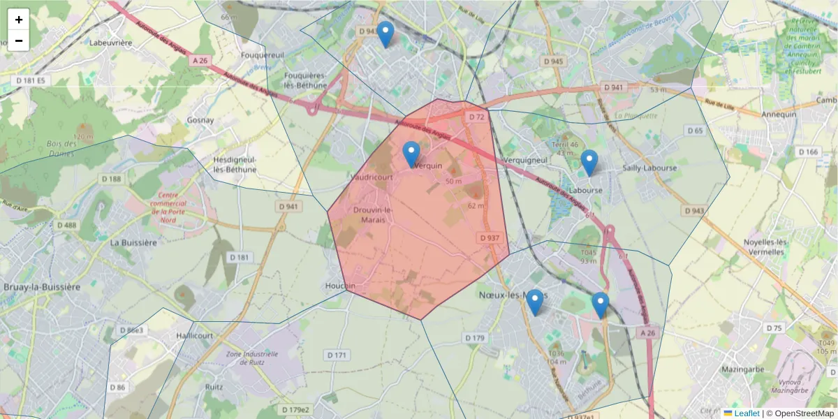 Carte de la zone du code postal  et des codes postaux voisins en France