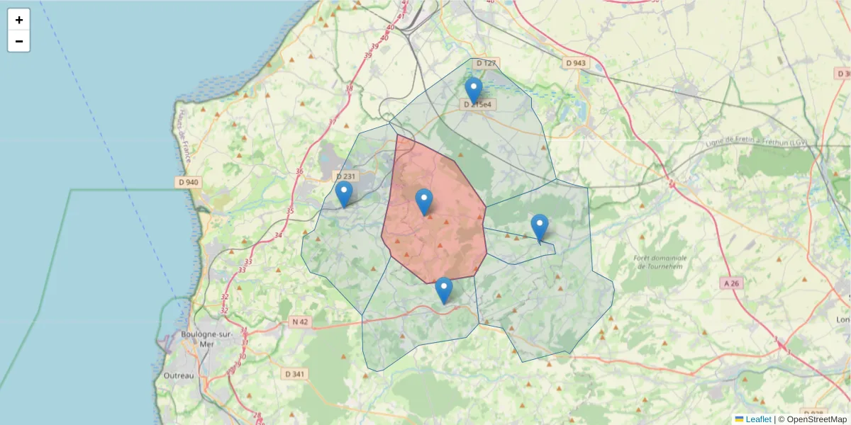 Carte de la zone du code postal  et des codes postaux voisins en France