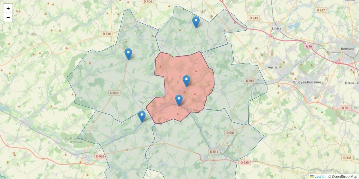 Carte de la zone du code postal  et des codes postaux voisins en France