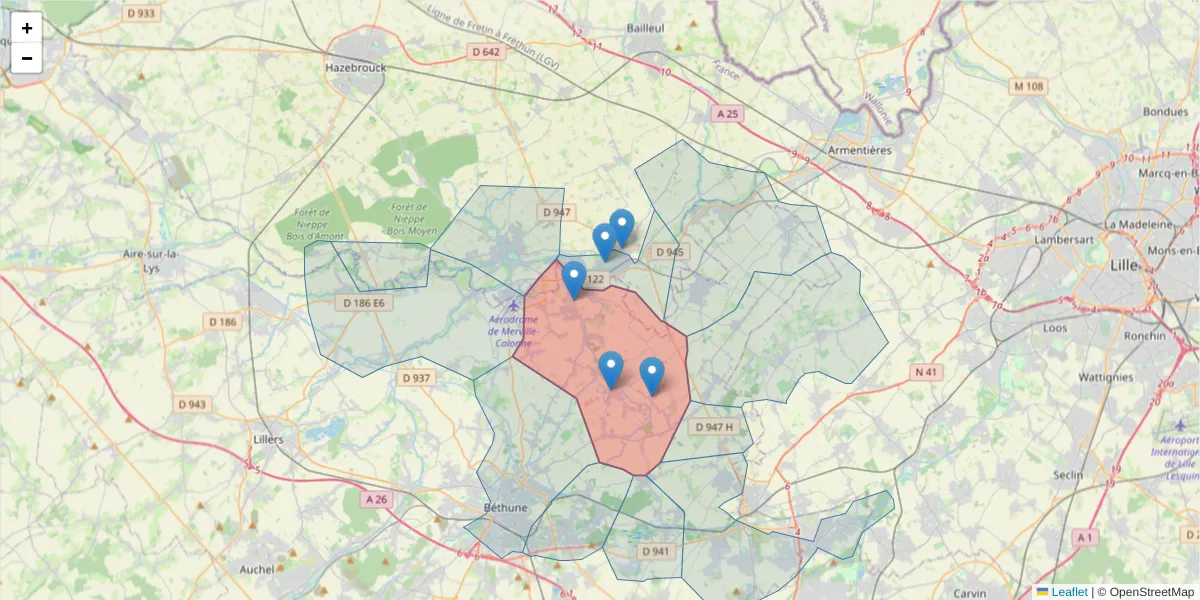Carte de la zone du code postal  et des codes postaux voisins en France