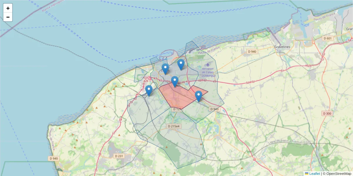 Carte de la zone du code postal  et des codes postaux voisins en France