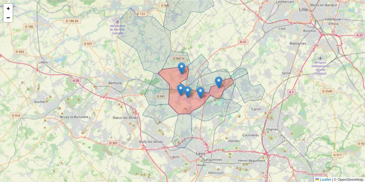 Carte de la zone du code postal  et des codes postaux voisins en France