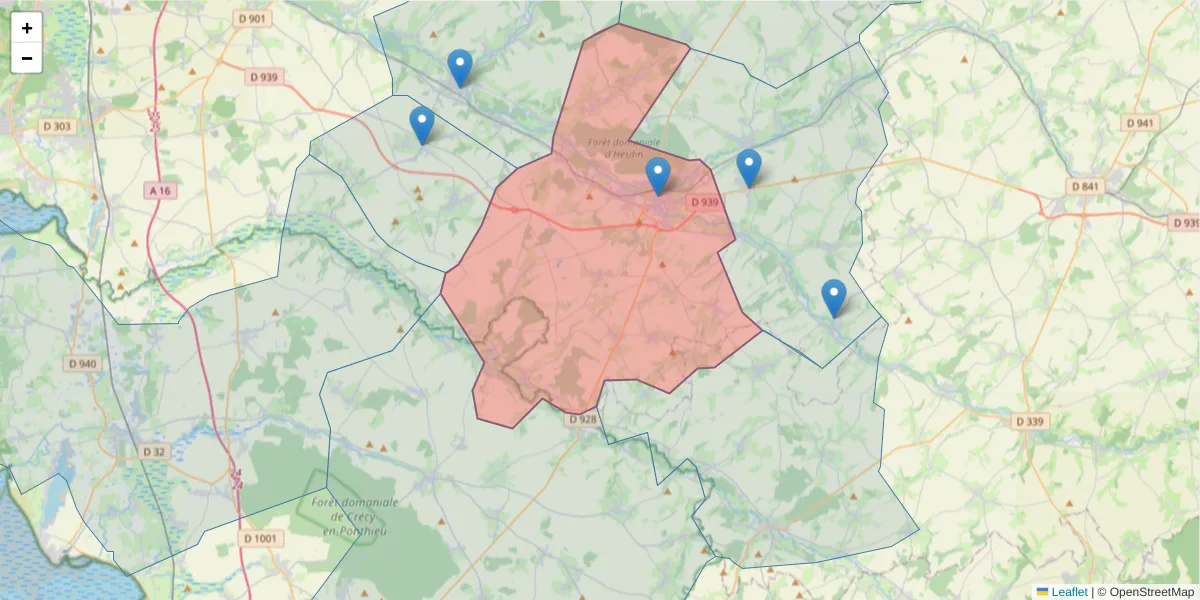 Carte de la zone du code postal  et des codes postaux voisins en France