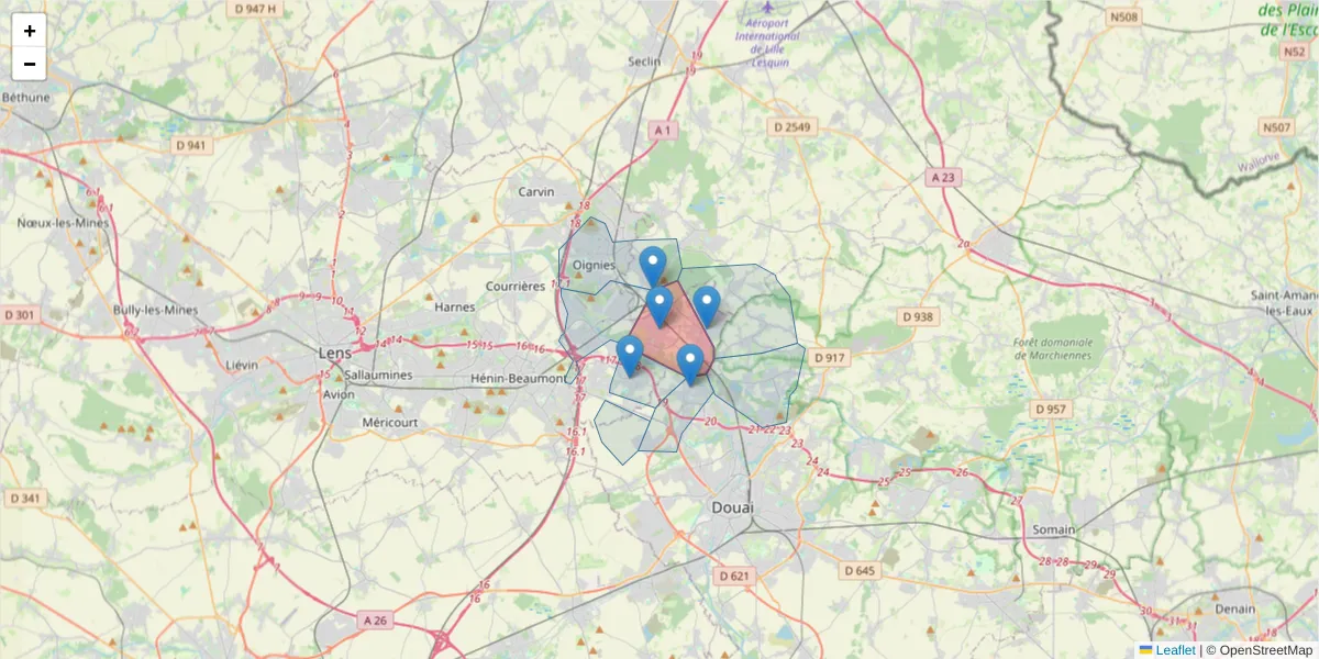 Carte de la zone du code postal  et des codes postaux voisins en France