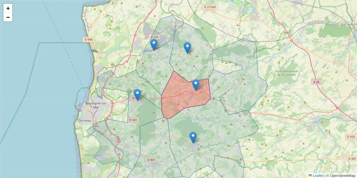 Carte de la zone du code postal  et des codes postaux voisins en France