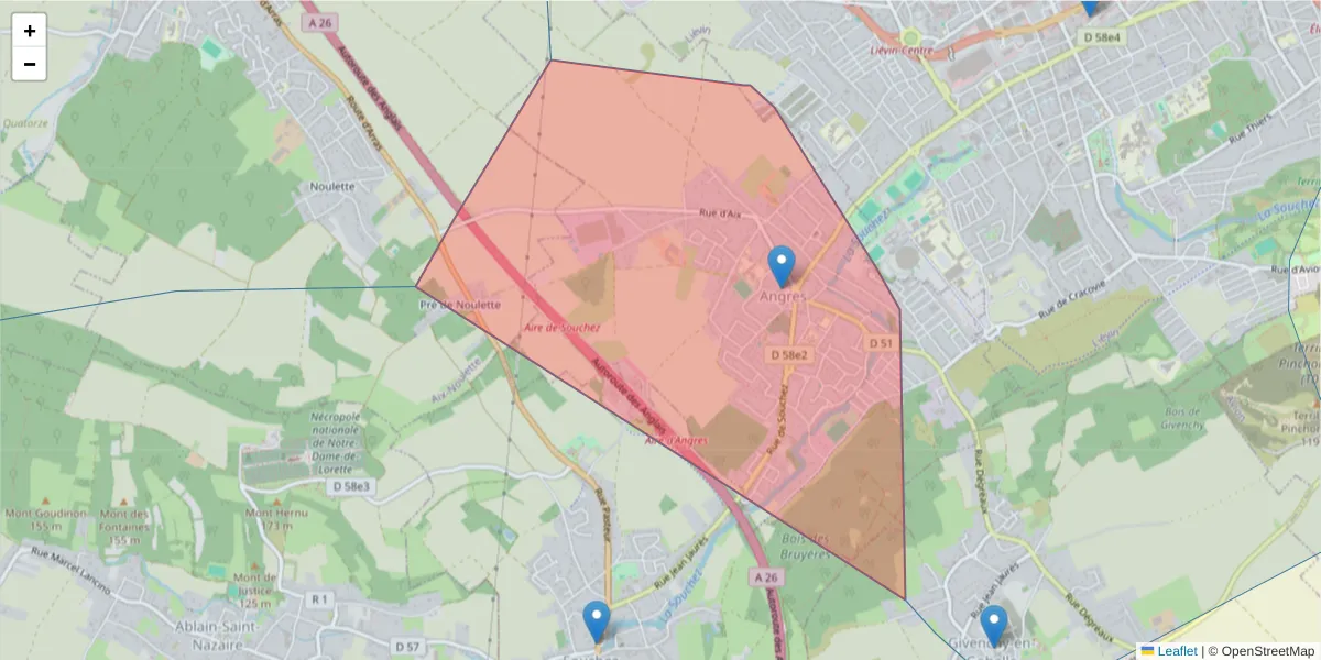 Carte de la zone du code postal  et des codes postaux voisins en France