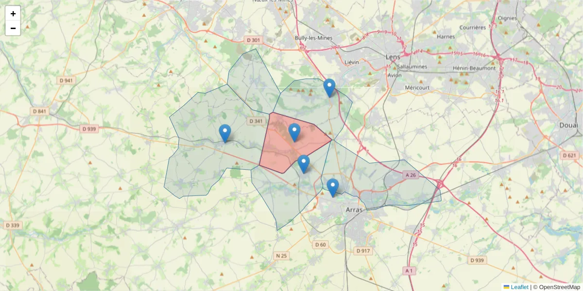 Carte de la zone du code postal  et des codes postaux voisins en France