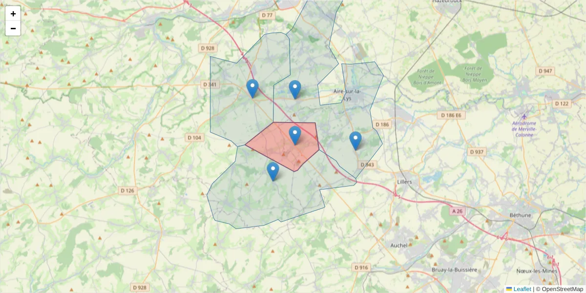 Carte de la zone du code postal  et des codes postaux voisins en France