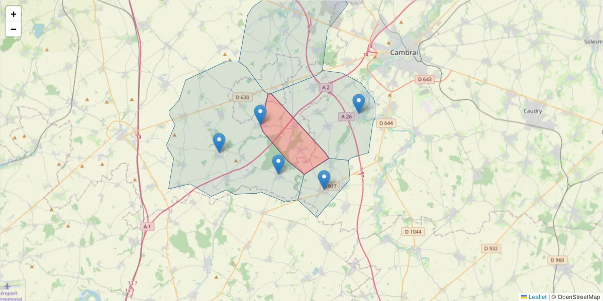 Carte de la zone du code postal  et des codes postaux voisins en France