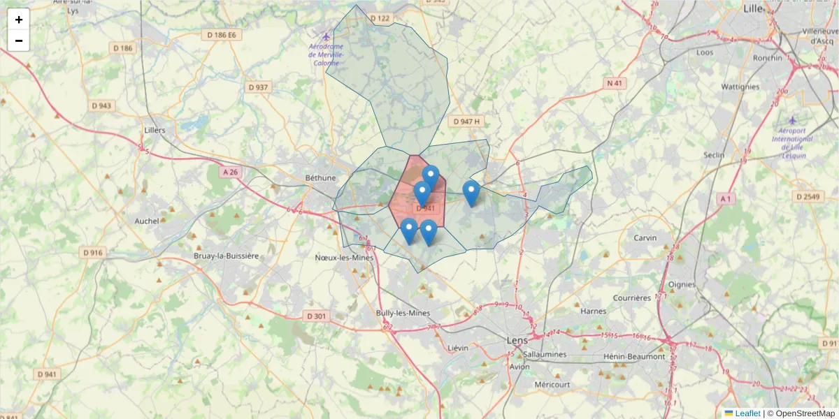 Carte de la zone du code postal  et des codes postaux voisins en France