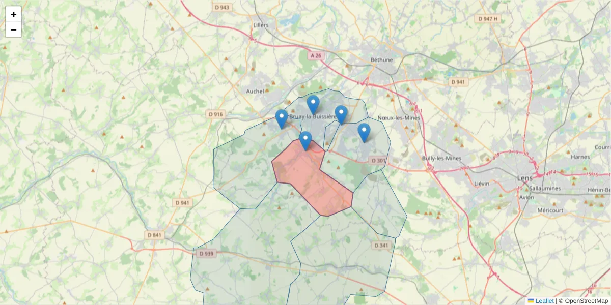 Carte de la zone du code postal  et des codes postaux voisins en France
