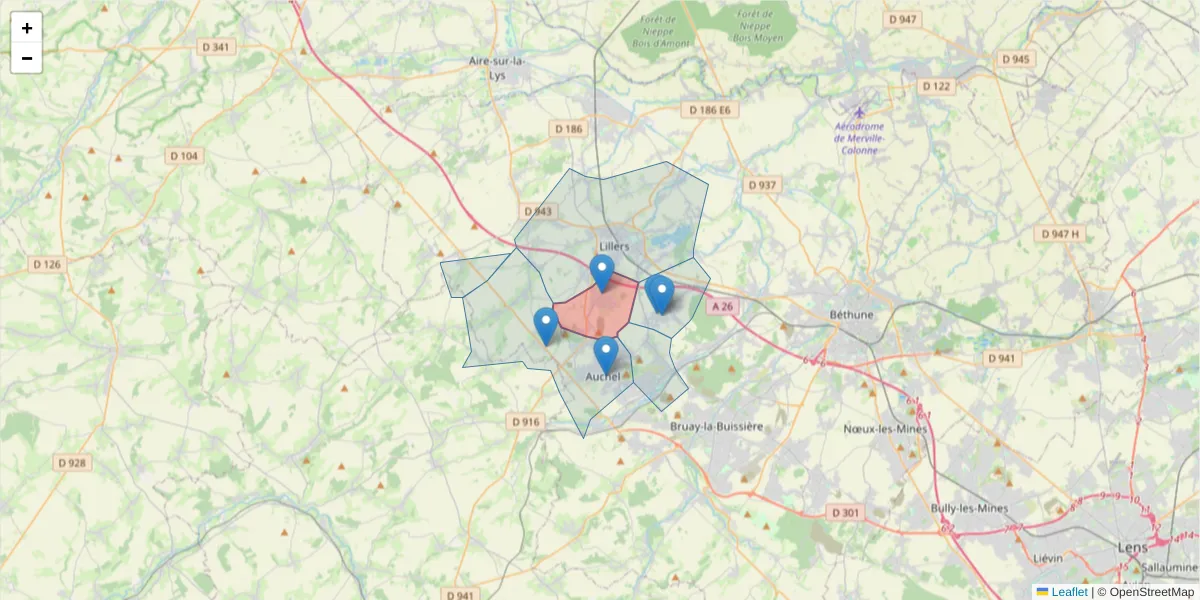 Carte de la zone du code postal  et des codes postaux voisins en France