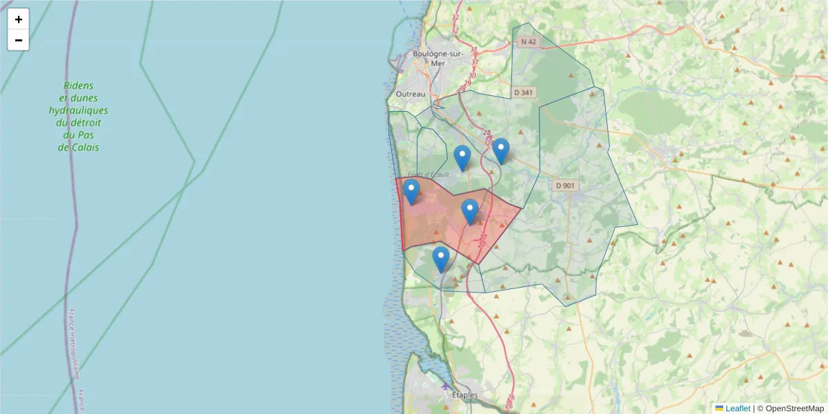 Carte de la zone du code postal  et des codes postaux voisins en France