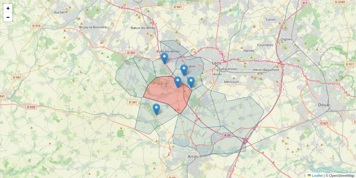 Carte de la zone du code postal  et des codes postaux voisins en France