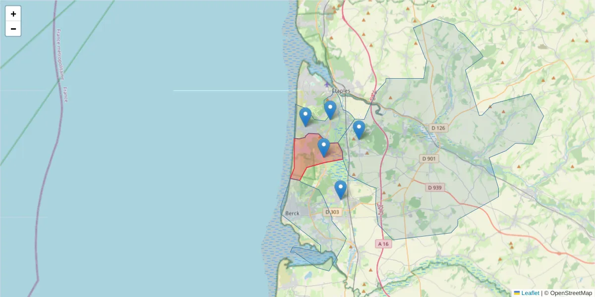 Carte de la zone du code postal  et des codes postaux voisins en France