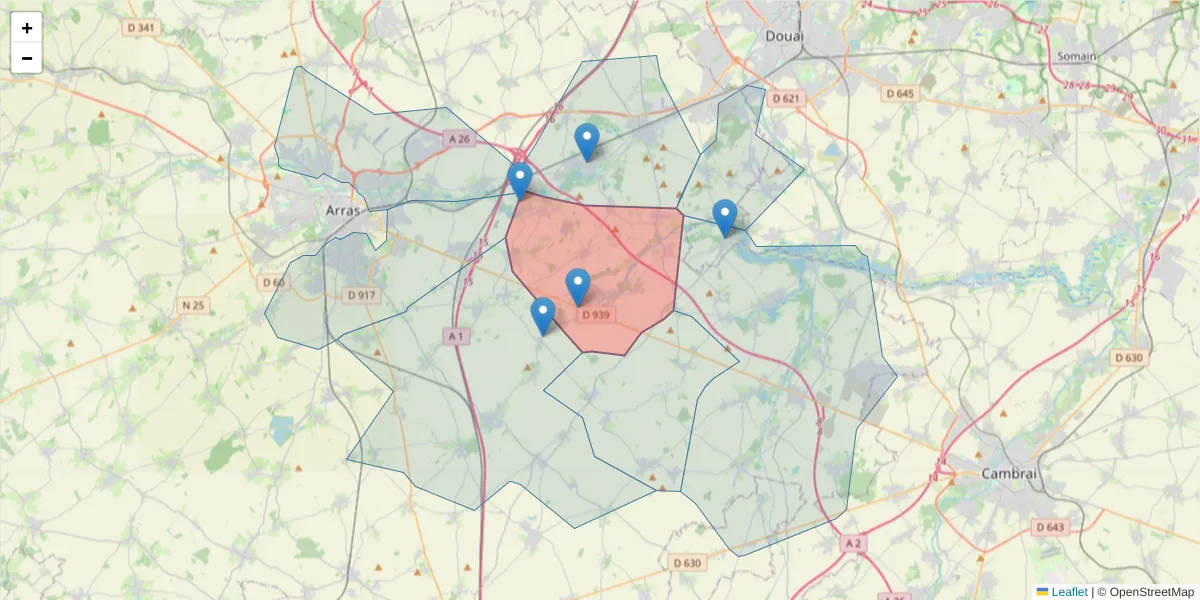 Carte de la zone du code postal  et des codes postaux voisins en France