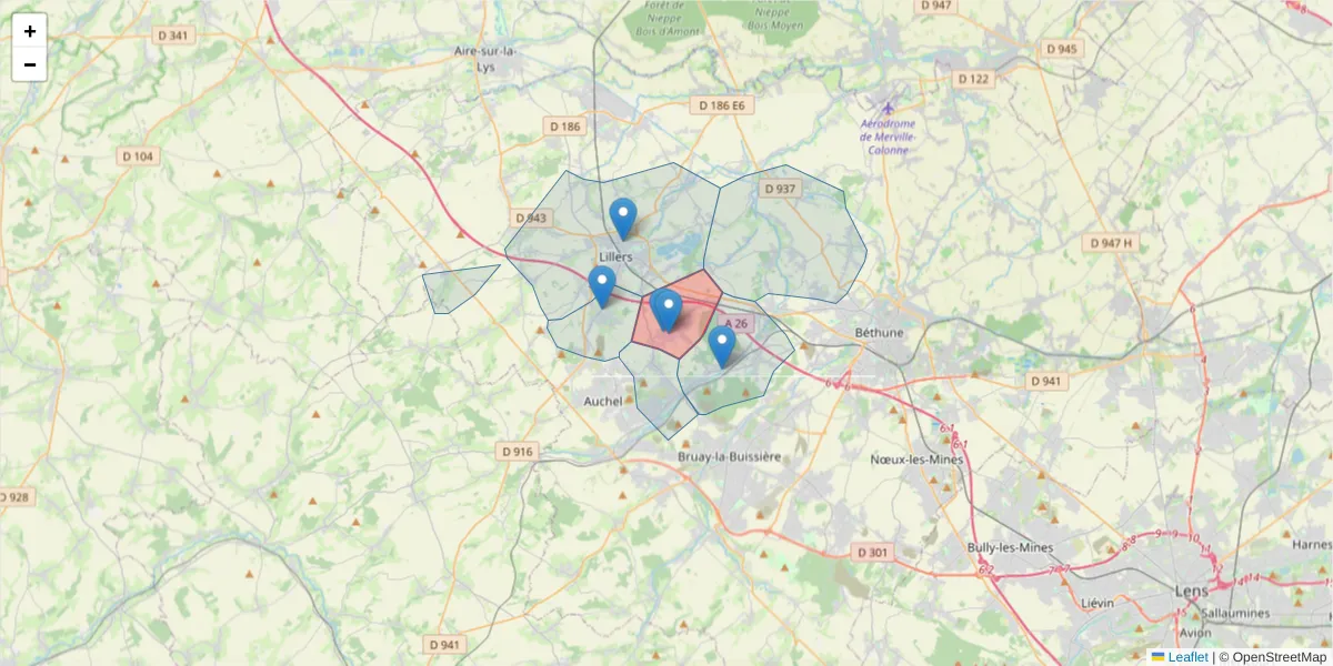 Carte de la zone du code postal  et des codes postaux voisins en France