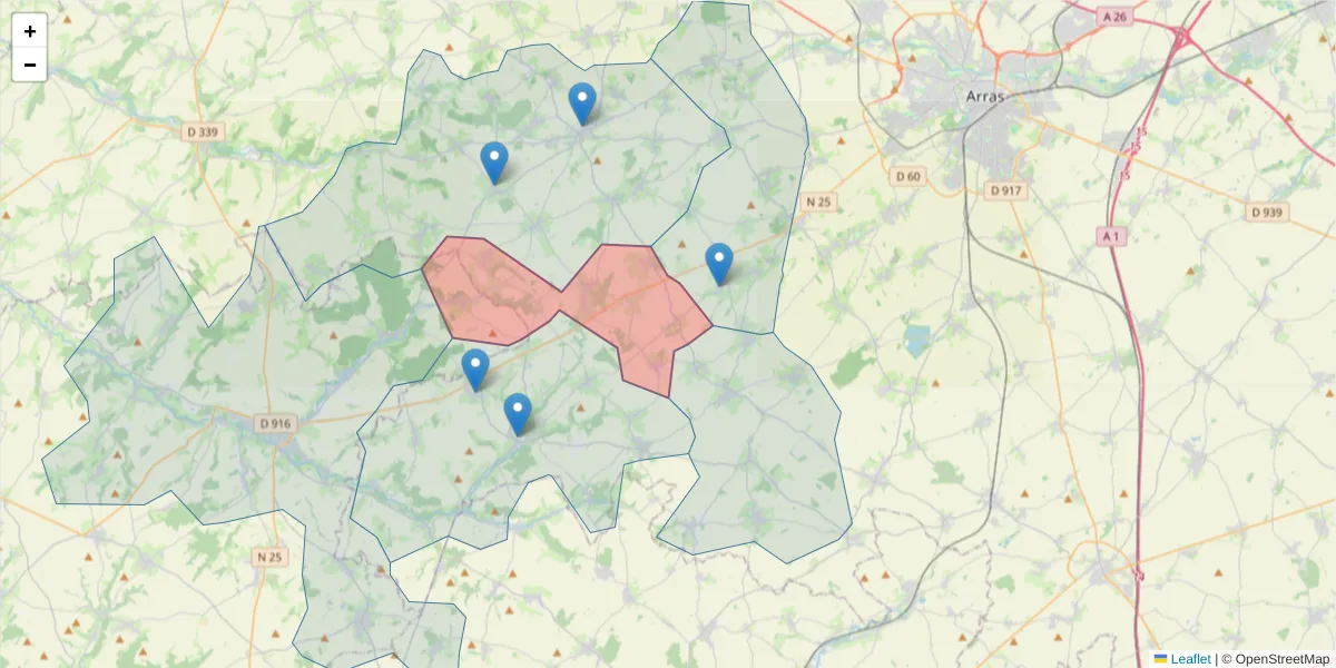 Carte de la zone du code postal  et des codes postaux voisins en France