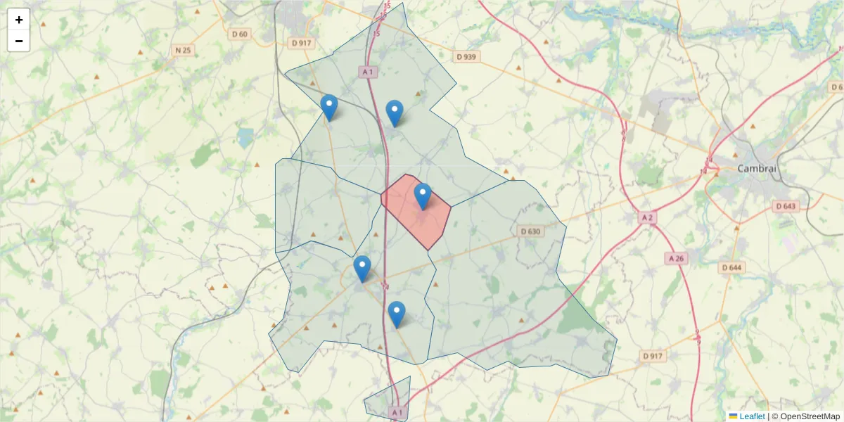 Carte de la zone du code postal  et des codes postaux voisins en France