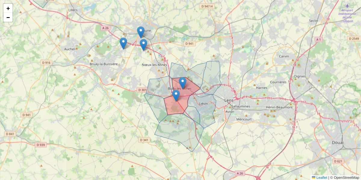 Carte de la zone du code postal  et des codes postaux voisins en France