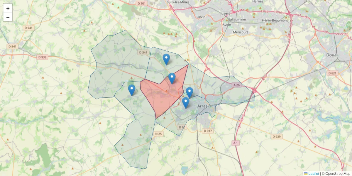 Carte de la zone du code postal  et des codes postaux voisins en France